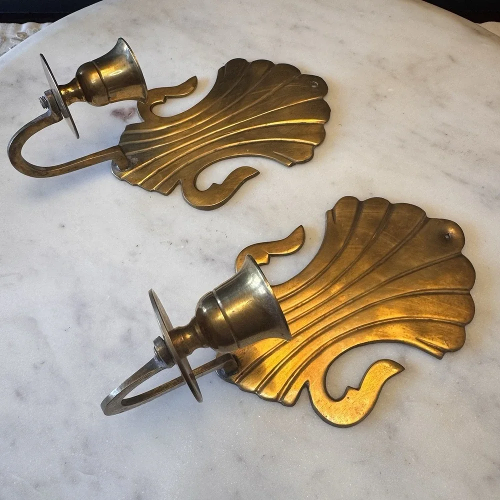 Pair Of Vintage Solid Brass Scalloped Shell Wall Sconce Candle Holders